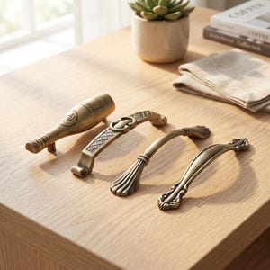 May include: A collection of four metal cabinet pulls in a brass finish. One pull is shaped like a wine bottle, while the other three feature distinct curved designs with textured detailing, including cross-hatching and fluted patterns.
