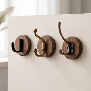 Wood Wall Hooks No Drill Coat Hat Hooks Walnut Beech Adhesive Wall Hook Vintage Entryway Bathroom Bedroom Hanging Decor