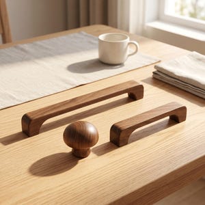 May include: A set of three dark brown wooden furniture hardware pieces consisting of two rectangular drawer pulls of different lengths and one round mushroom-shaped cabinet knob, all featuring a smooth, polished finish and visible wood grain.