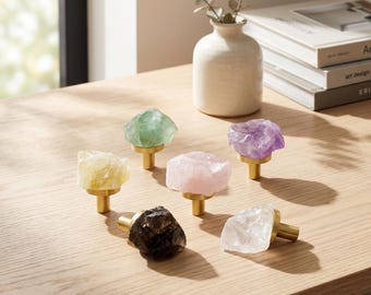 Natural Raw Crystal Drawer Knobs Rose Clear Amethyst Citrine Fluorite Stone Cabinet Pulls Gold Dresser Hardware Boho Home Decor Gift