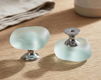 Frosted Sea Glass Drawer Knobs, Modern Chrome Cabinet Pulls, Aqua Glass Dresser Handles, Coastal Kitchen Cabinet Hardware 38mm Decor