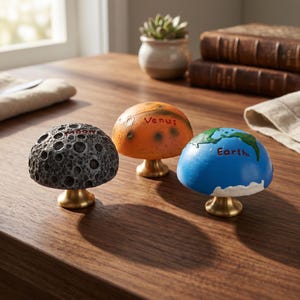 May include: Three decorative knobs with brass-toned bases. One knob is textured grey with the text Moon, one is orange with the text Venus, and one is blue and green with the text Earth. Each knob features a rounded top and a small metal pedestal base.
