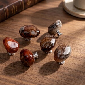 Natural Agate Cabinet Knobs, Oval Stone Drawer Pulls, Worry Stone Dresser Handles, Silver Hardware for Bathroom Vanity and Cabinet Decor