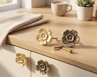 Messing bloem kastknoppen, vintage gouden ladegrepen, antiek bronzen dressoir hardware, bloemen keuken ijdelheid knoppen decor