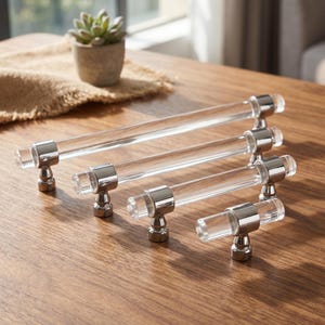 Clear Acrylic Cabinet Pulls, Chrome Drawer Handles, Modern Lucite Kitchen Hardware, Silver Dresser Pulls, Transparent Wardrobe Handle Set