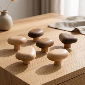 May include: A collection of six wooden cabinet knobs in varying shades of light and dark brown. Each knob features a smooth, rounded, pebble-like top attached to a cylindrical base, showcasing natural wood grain patterns and textures.