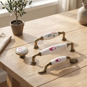 Ceramic Floral Cabinet Pulls Antique Brass Drawer Handles Vintage Dresser Knobs Kitchen Cupboard Hardware Farmhouse Furniture Pulls