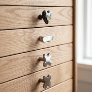 May include: A light oak wood cabinet featuring four distinct metal drawer pulls. The top pull is a polished silver heart shape, followed by a horizontal oval bar, and two lower pulls shaped like four-pointed crosses with a smooth finish.