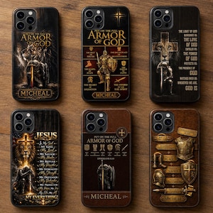 May include: Set of six phone cases with religious themes. Each case features detailed artwork, including lions, crosses, and the text "Armor of God" and "Jesus". The cases are in various colors, including brown and black.