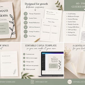 May include: A therapy reflection journal titled Between Sessions featuring a white cover with black text and a sage green box. The set includes 60 plus pages of guided reflection, therapy preparation, session notes, and a printable PDF template.