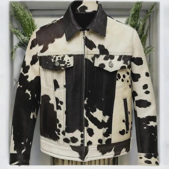 Men's Genuine Cowhide Leather Jacket Black White Cow Print Calf
