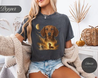 Dachshund Howling Moon Retro 90s Graphic Tee, Vintage Animal Forest Shirt