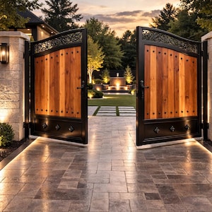 May include: Open wooden gate with black metal frame and decorative accents. The gate is flanked by stone pillars with sconce lighting. The pathway is paved with stone, and the background features a landscaped yard with trees and a water feature.
