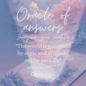 Könnte beinhalten: Ein digitaler Kunstdruck mit einer verträumten, ätherischen Ästhetik. Das Bild zeigt den Text "Oracle of answers" und ein Zitat von Konfuzius, vor dem Hintergrund eines pastellfarbenen Himmels und einer stilisierten Landschaft. Die Farbpalette ist weich, mit Rosa-, Lila- und Blautönen.