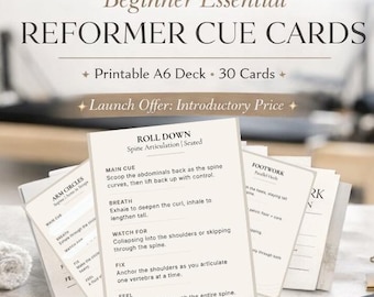 Pilates REFORMER Cue Cards Digitales PDF | Druckbare A6 Anfänger Deck | 30 wichtige Übungen | Minimal Boutique Lehrmittel