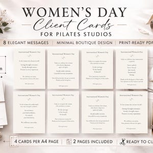 Könnte beinhalten: Elegante Kundekarten zum Frauentag für Pilates-Studios. A6-Format (10,5 x 14,8 cm). Mit 8 eleganten Botschaften und minimalistischem Boutique-Design. Druckfertige PDFs, 4 Karten pro A4-Seite, 2 Seiten enthalten. Zum Zuschneiden bereit.