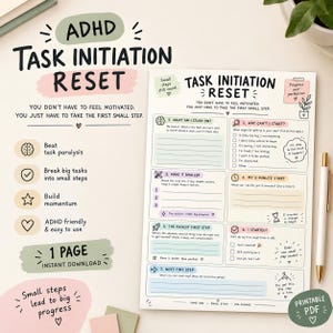 Könnte beinhalten: Ein ausdruckbares ADHD Task Initiation Reset Arbeitsblatt mit sieben nummerierten Schritten zur Aufgabenbewältigung. Das Dokument enthält Abschnitte zur Identifizierung von Hindernissen, zum Setzen von Fünf-Minuten-Zielen und zur Fortschrittskontrolle.