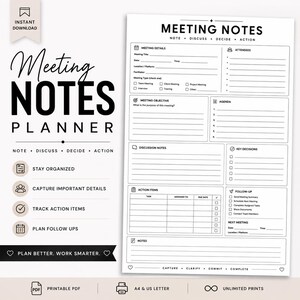 Op de afbeelding: Een printbaar sjabloon voor een notitieplanner voor vergaderingen met secties voor details, aanwezigen, doelen, agenda, discussienotities, beslissingen, actiepunten en follow-up. Het document bevat de tekst Meeting Notes Planner.