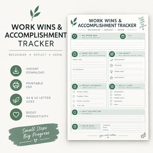 Könnte beinhalten: Ein druckbares Work Wins & Accomplishment Tracker Dokument in Salbeigrün und Weiß. Das Layout enthält Abschnitte für Projektdetails, Auswirkungen, Nachweise, verwendete Fähigkeiten und Reflexion, mit dem Text Small steps create big progress.