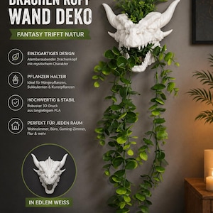 Könnte beinhalten: Ein weißer Drachenkopf-Wandtopf mit grünem Laub. Der Pflanztopf besteht aus strapazierfähigem PLA und weist ein detailliertes Design auf. Der Text auf dem Bild lautet "DRACHEN KOPF WAND DEKO" und "FANTASY TRIFFT NATUR".