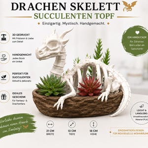Könnte beinhalten: Weißer Drachen-Skelett-Sukkulententopf. Der braune Topf enthält grüne und rote Sukkulenten. Der Topf ist 21 cm breit, 13 cm tief und 18 cm hoch. Er ist 3D-gedruckt und handgefertigt.