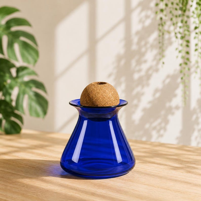 May include: A cobalt blue glass vase with a cork stopper. The vase has a flared rim and a rounded base. The cork stopper is a light brown color and has a small hole in the center. The vase is sitting on a wooden surface.