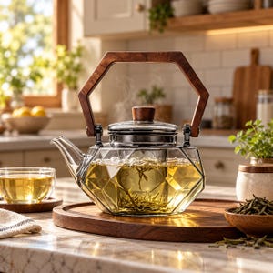 May include: A clear glass teapot with a geometric, faceted body and a dark wood hexagonal handle. The teapot features a matching wood lid knob and contains steeped tea leaves in golden liquid. A small glass cup of tea sits to the left.