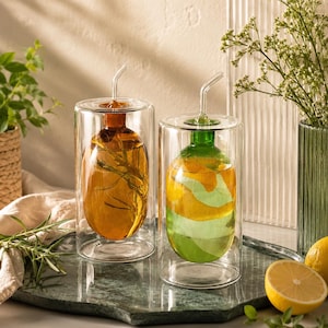 Peut inclure: Deux verres à boire en verre transparent à double paroi. L'un contient un liquide doré avec des herbes, l'autre un mélange de couches jaunes et vertes. Chacun a une paille en verre et un bouchon coloré.