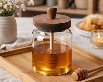 Glass Honey Jar with Wooden Dipper Lid – Honey Dispenser Pot – Rustic Kitchen Decor – Natural Honey Storage Container – Gift for Home