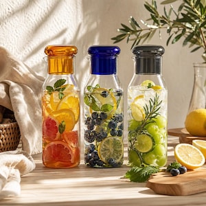 Glass Carafe with Lid, Infused Water Bottle, Modern Pitcher, Juice Carafe, Elegant Glass Jug, Kitchen Decor, Minimalist Drinkware