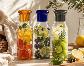 Glass Carafe with Lid, Infused Water Bottle, Modern Pitcher, Juice Carafe, Elegant Glass Jug, Kitchen Decor, Minimalist Drinkware