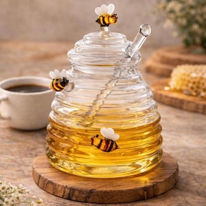 Può includere: Un vasetto di miele in vetro trasparente pieno di miele dorato, con un misurino di miele in vetro e tre figurine decorative di api. Il vasetto di miele è posto su un sottobicchiere di legno.