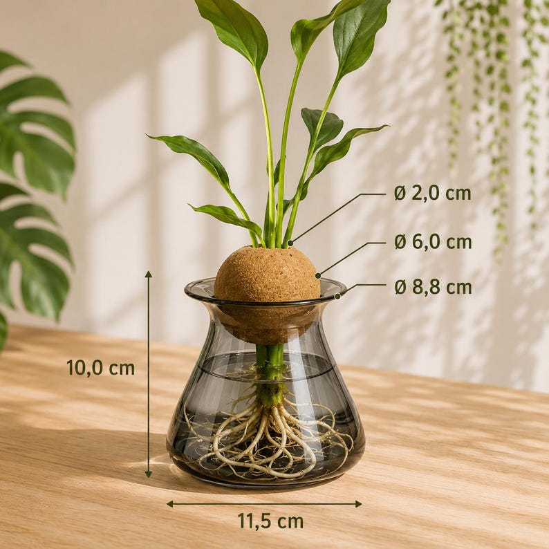 May include: A clear glass vase with a dark gray tint, holding a plant with green leaves and visible roots. The plant sits in a brown sphere. The vase is 4.5 inches wide and 4 inches tall. The sphere is 2.4 inches in diameter.