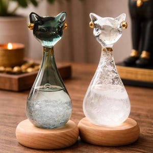May include: Two cat-shaped glass weather forecasters. One is teal, the other is clear. Both have gold accents and sit on wooden bases. The glass bulbs contain a liquid and crystals, indicating weather conditions.