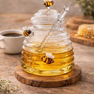 Peut inclure: Un pot à miel en verre transparent avec un design en spirale, rempli de miel doré. Le pot est orné de trois figurines d'abeilles décoratives et d'un bâtonnet à miel en verre. Il repose sur une base en bois, suggérant une cuisine ou une salle à manger.
