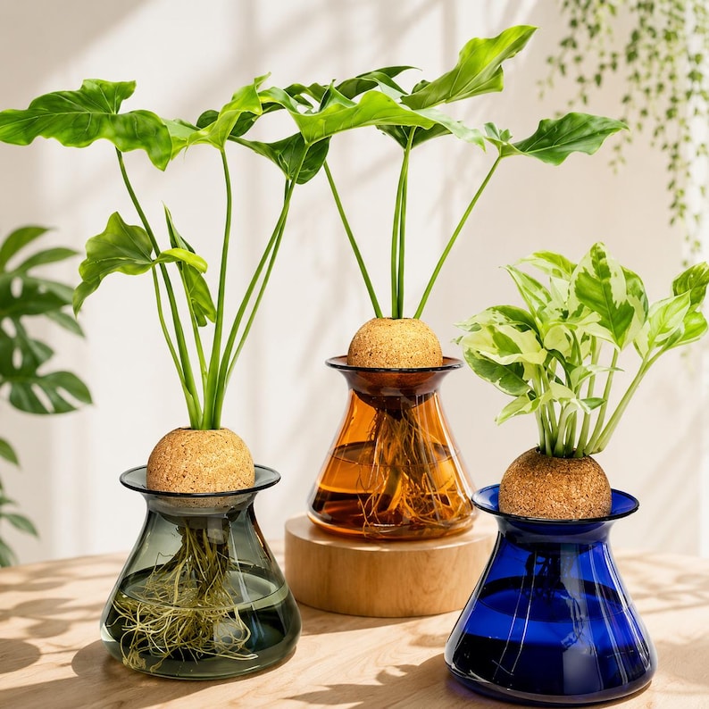 May include: Three glass vases in shades of blue, amber, and green, each holding a plant with visible roots. The plants are set in a brown, spherical medium. The vases sit on a wooden surface, showcasing a modern, minimalist aesthetic.