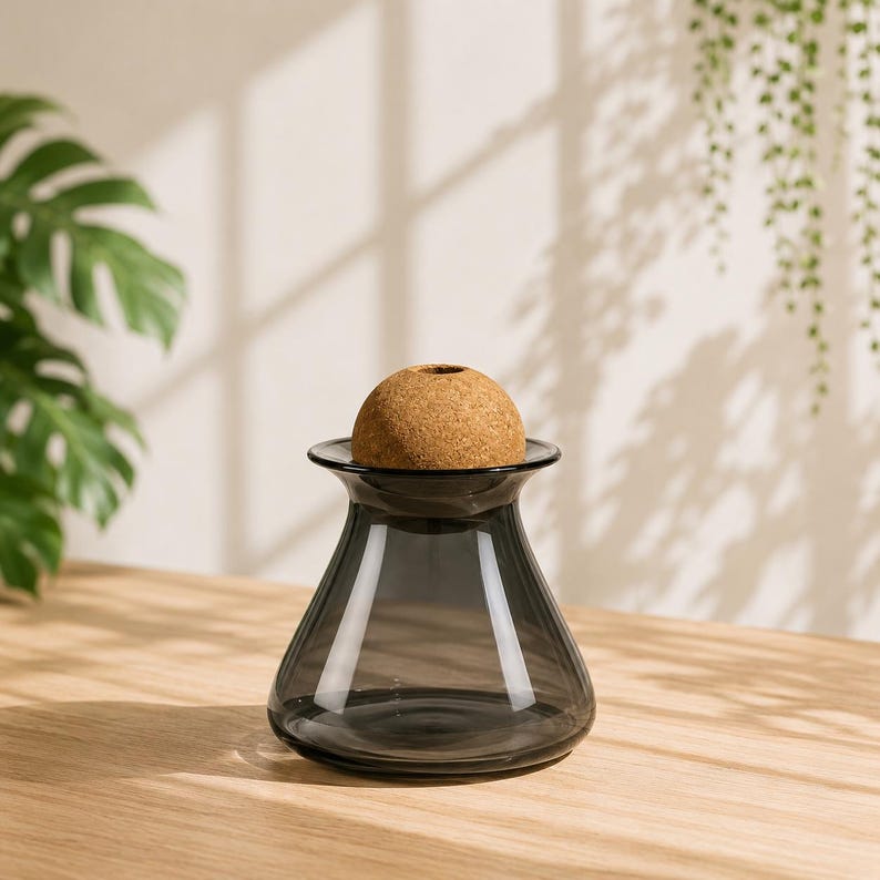 May include: A dark gray glass vase with a cork stopper. The vase has a wide base that tapers to a narrow neck and flares out at the top. The cork stopper is round and fits snugly in the vase's opening. The vase is sitting on a wooden surface.