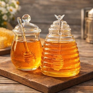 Peut inclure: Deux pots à miel en verre remplis de miel doré, chacun avec un doseur en verre. L'un est rond avec un couvercle, l'autre en forme de ruche. Les deux sont posés sur une planche de bois, suggérant un thème rustique.