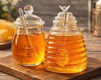 Glass Honey Jar with Dipper and Lid – Beehive Honey Pot Container, Transparent Honey Storage Jar, Kitchen Decor Honey Dispenser Gift