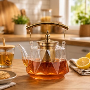 May include: A clear glass teapot with a faceted geometric body, a gold-toned metal lid, a matching gold-toned arched handle, and a gold-toned internal tea infuser. The teapot is filled with amber-coloured tea and features a curved glass spout.