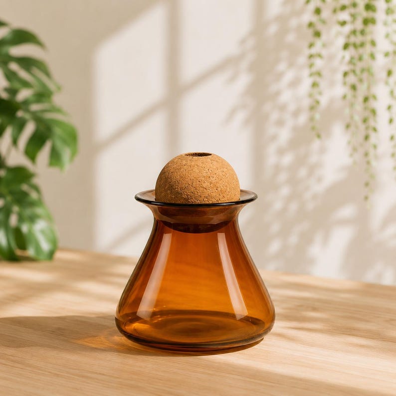 May include: Amber glass vase with a cork sphere stopper. The vase has a wide base that tapers to a narrow neck and flares out at the top. The cork stopper is a light brown color and fits snugly in the vase's opening. The vase is sitting on a wooden surface.