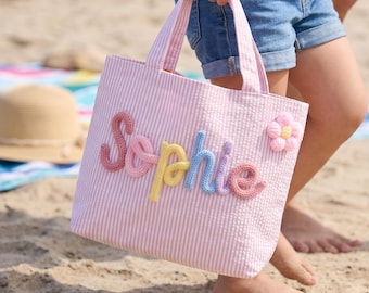 Personalized Kids Beach Tote With Yarn Name, Seersucker Girl Handbag For Summer Trips Picnics And Vacations
