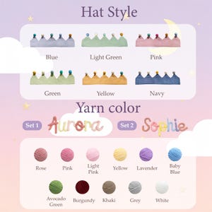 Op de afbeelding: Afbeelding met verschillende babyhoedenstijlen en garenkleuren. Hoedenstijlen zijn onder meer blauw, lichtgroen, roze, groen, geel en marineblauw. Garenkleuren zijn roos, roze, lichtroze, geel, lavendel, babyblauw, avocadogroen, bordeaux, kaki, grijs en wit.