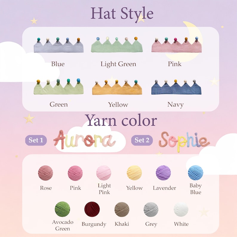 Op de afbeelding: Afbeelding met verschillende babyhoedenstijlen en garenkleuren. Hoedenstijlen zijn onder meer blauw, lichtgroen, roze, groen, geel en marineblauw. Garenkleuren zijn roos, roze, lichtroze, geel, lavendel, babyblauw, avocadogroen, bordeaux, kaki, grijs en wit.