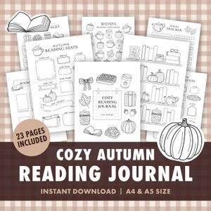 Può includere: Una raccolta di pagine stampabili per diario di lettura con illustrazioni a linee bianche e nere di zucche, libri, tazze e motivi autunnali. La pagina centrale è intitolata Cozy Reading Journal Fall Edition. Include 23 pagine in totale.