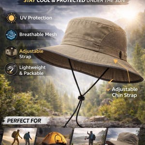 Puede incluir: Sombrero ajustable de protección solar de color caqui con ala ancha y correa para la barbilla. Incluye protección UV, malla transpirable y un diseño ligero y plegable. El texto dice: "Perfecto para aventuras al aire libre."