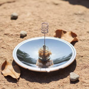 Peut inclure: Un allume-feu solaire avec un plat réfléchissant et un élément métallique en spirale. L'appareil est conçu pour concentrer la lumière du soleil pour allumer des feux. L'image est prise à l'extérieur sur une surface sablonneuse.