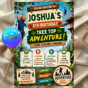 May include: A digital birthday invitation for Joshua's 8th birthday tree top adventure. The design features a child in a climbing harness, rope courses, and wooden signs with text including date, location, activities, and RSVP details.