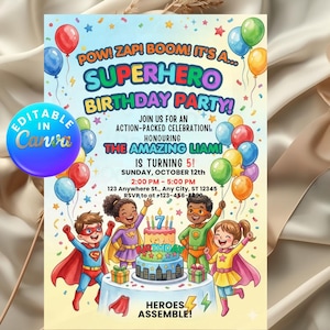 Könnte beinhalten: Einladung zur Superhelden-Geburtstagsfeier mit bunten Luftballons und Illustrationen von Kindern in Superheldenkostümen. Der Text "POW! ZAP! BOOM! IT'S A... SUPERHERO BIRTHDAY PARTY!" ist enthalten.
