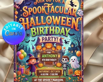 Spooky Birthday Invitation | Editable Digital Download | “Let's get Spooky” Ghost & Pumpkin Party Invite | Printable Halloween Template